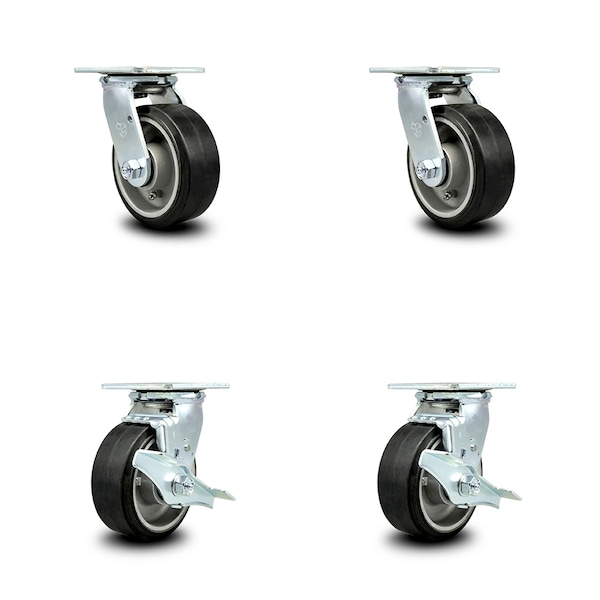 5 Inch Rubber on Aluminum Caster Set with Ball Bearings 2 Swivel Lock 2 Brake